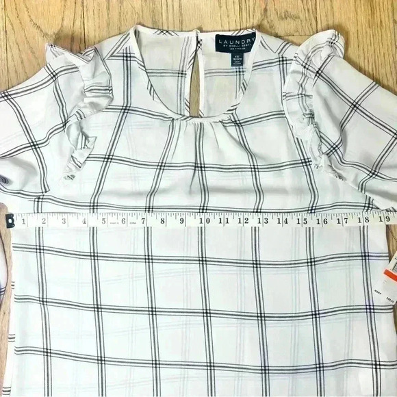 LAUNDRY BY SHELLI SEGAL Windowpane Check Blouse White Navy Blue Size X-Small - Picture 9 of 11